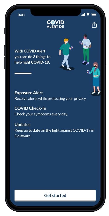 Screenshot of home screen of COVID Alert DE.