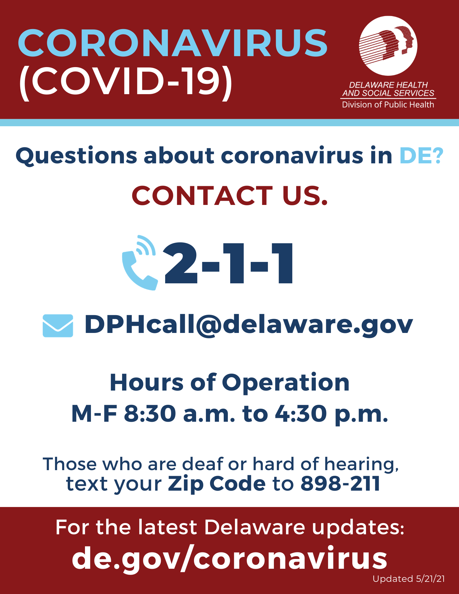 Delaware Department of Health Coronavirus Call Center Poster. Contact 2-1-1 to learn more about coronavirus.