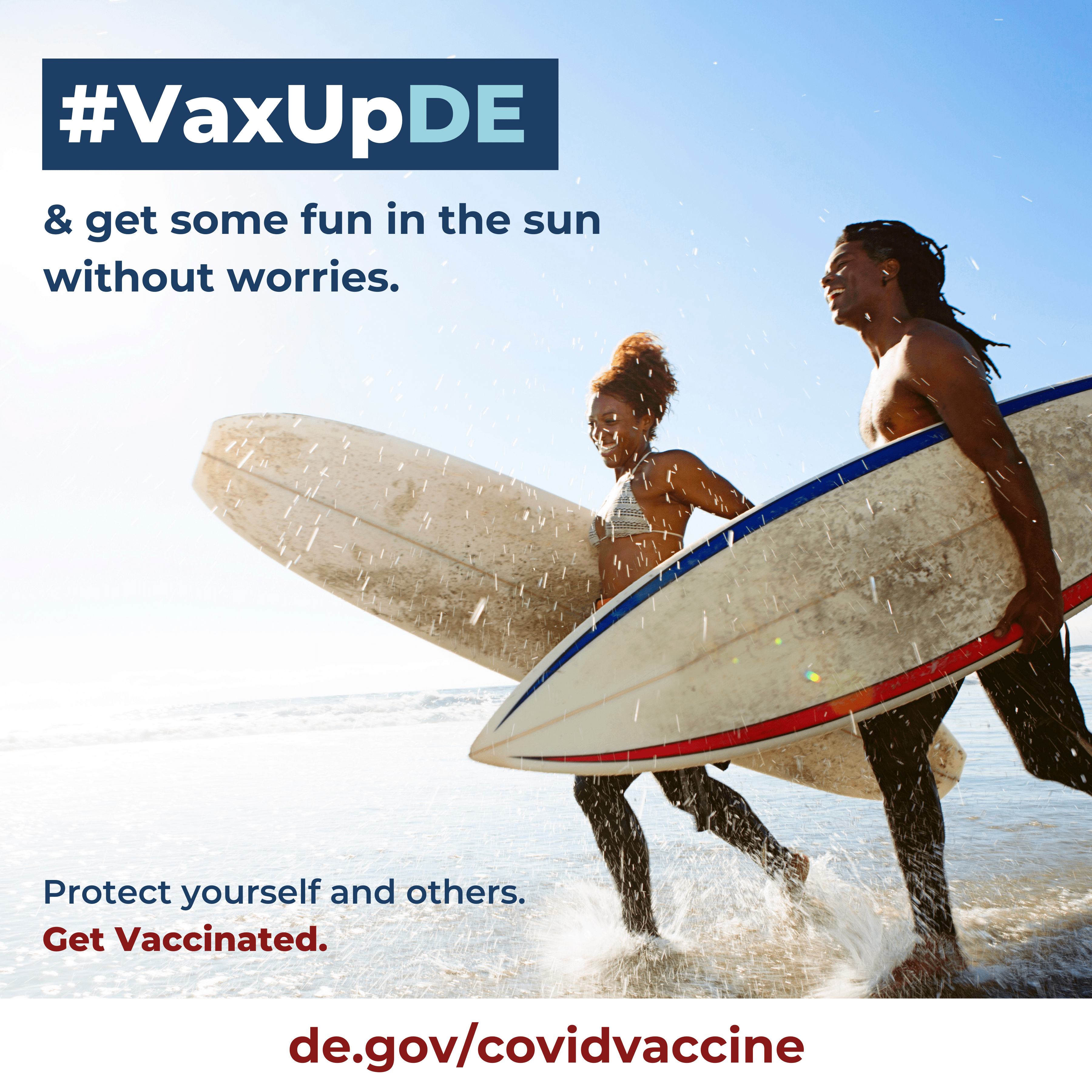 VaxUpDE and get some fun in the sun without worries. Protect yourself and other. Get Vaccinated. A man and woman going surfing.