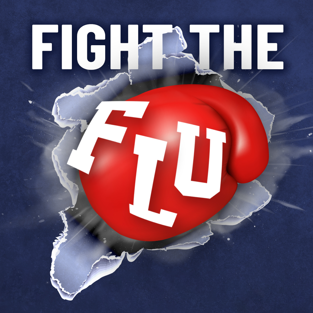 Fight the FLU. A boxing glove punching through a wall. 